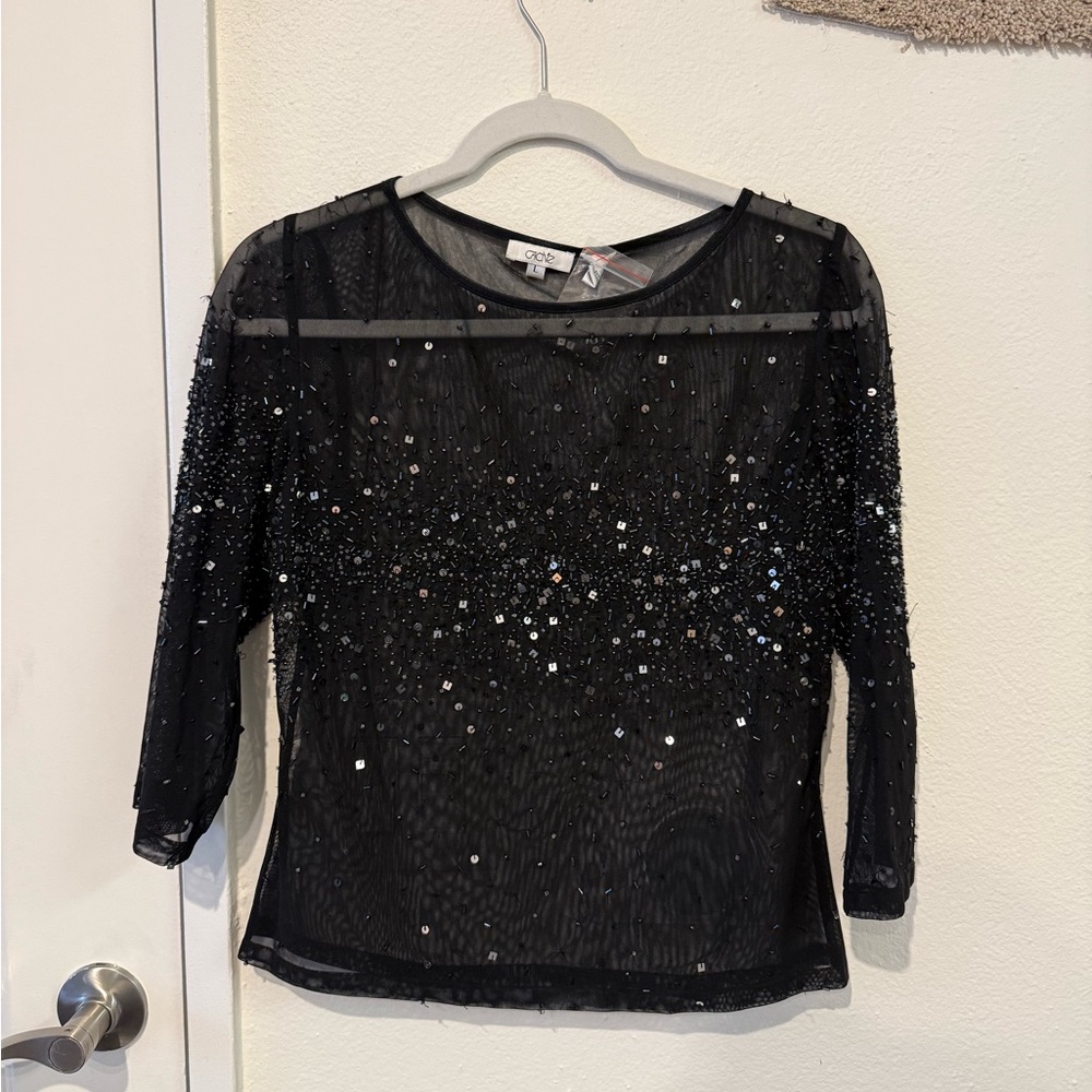 Cache Black Sheer Blouse with Sparkling Accents